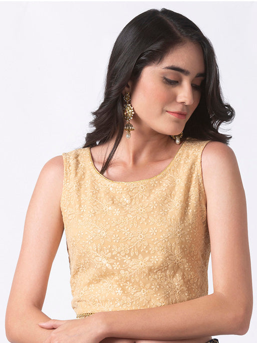 Additional product image of Ethnicity Beige Embroidered Crop Top Hemmed with Tassels, featuring its garment shape and tassel hem.