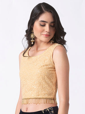 Primary product photograph of Ethnicity Beige Embroidered Crop Top Hemmed with Tassels, showcasing its design, color and tassel hem.