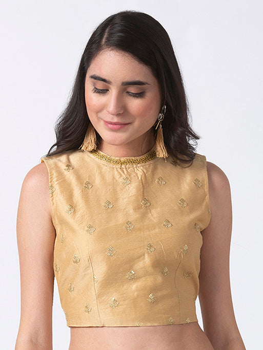 Primary product photograph of Ethnicity Embroidered Gold Crop Top with Button-down Back, showcasing its design, color and button-back finish.