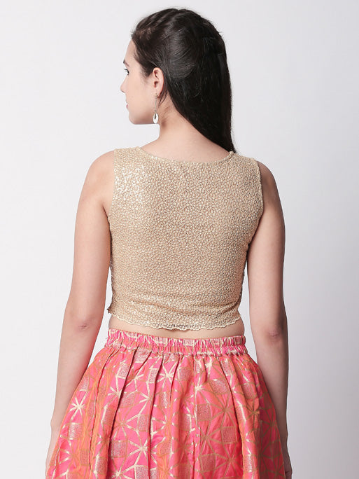 Further product photograph of Ethnicity Textured Gold Crop Top with Merrowed Edge, presenting the clothing design and merrowed trim.