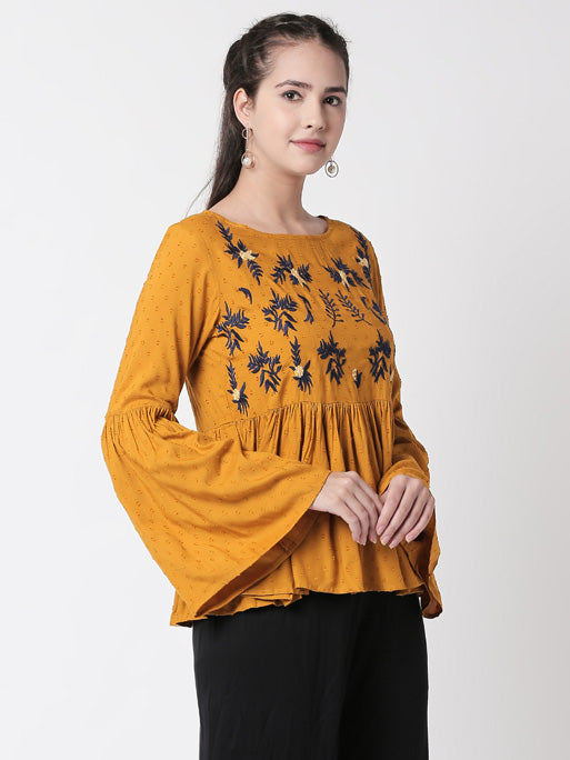 Additional product image of Ethnicity Boho Gathered Mustard Textured and Navy Blue Embroidered Top, featuring its garment shape and embroidery.