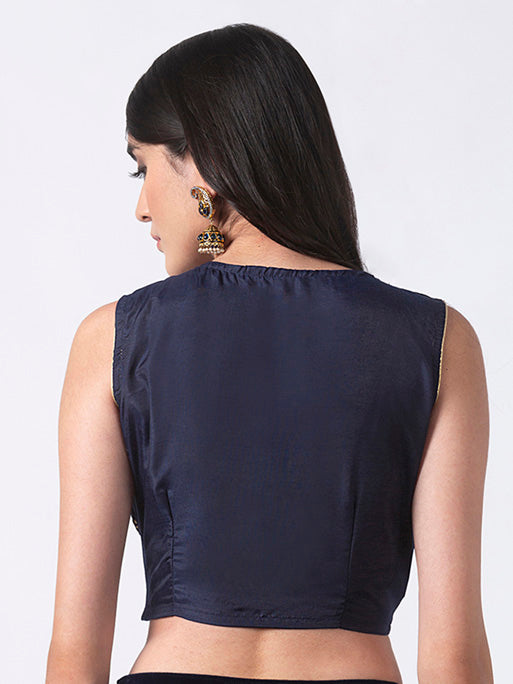 Alternate photograph of Ethnicity Handcrafted Metallic and Navy Blue Sleeveless Crop Top, with attention to the overall cut and metallic accents.