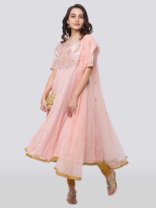 Close-up of Ethnicity Onion Pink Embroidered Chanderi Kurta Set, highlighting the boat-neck embroidery and delicate gold accents.