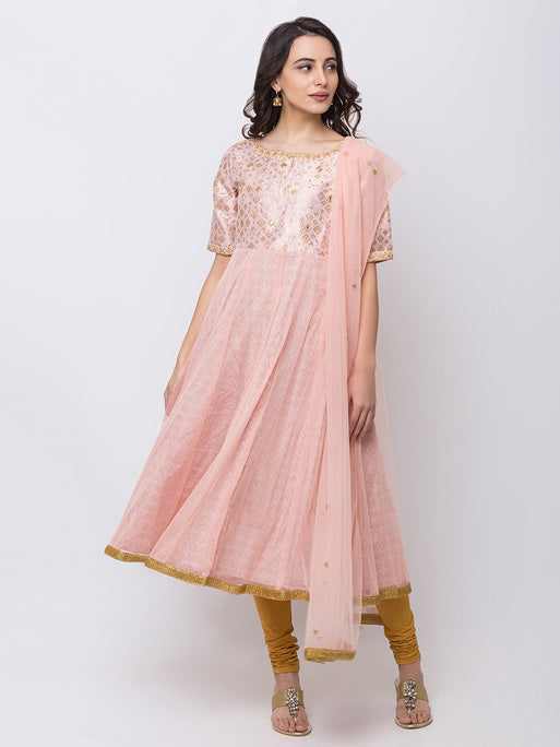 Ethnicity Onion Pink Embroidered Chanderi Kurta Set, pictured from the front with soft onion-pink Chanderi-inspired print and gold accents.