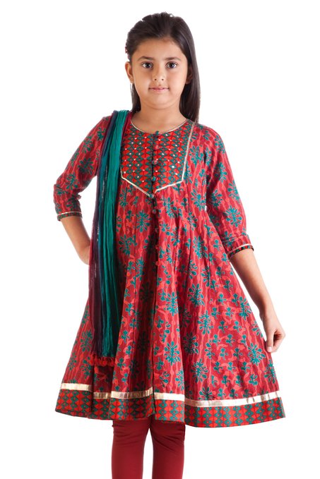 In-Sattva Girls' Teal Leaf Print Kurta Set with matching dupatta by Meena Bindra, front view