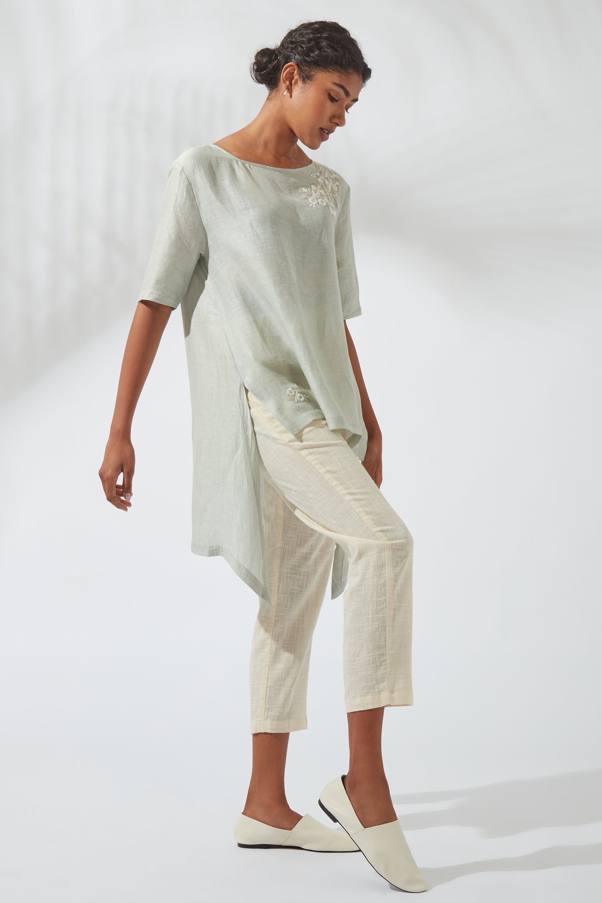 Primary product photograph of Bohemian Classic Silk Linen Gray Embroidered High-Low Top, showcasing its design, color and embroidery.