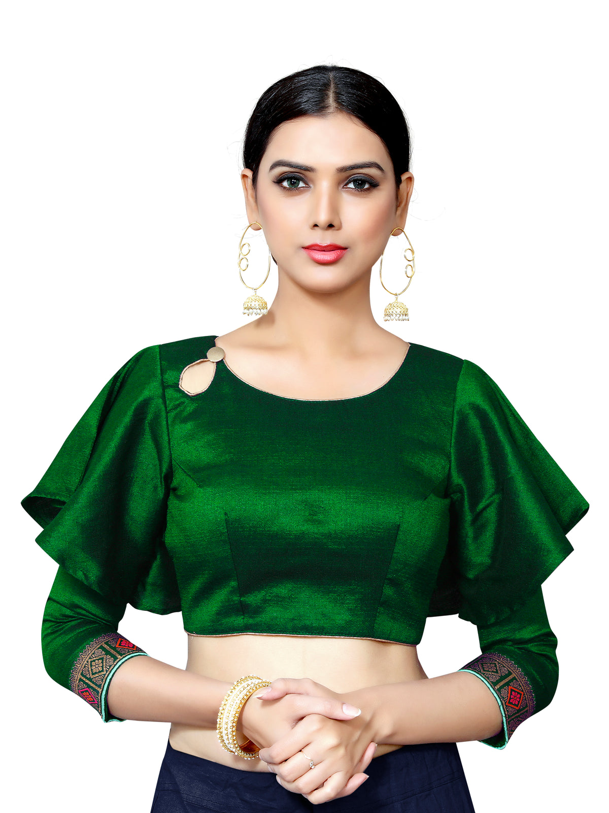 Primary product photograph of Imperial Green Cotton Bell Sleeve Button Blouse, showcasing its design, color and bell sleeves.