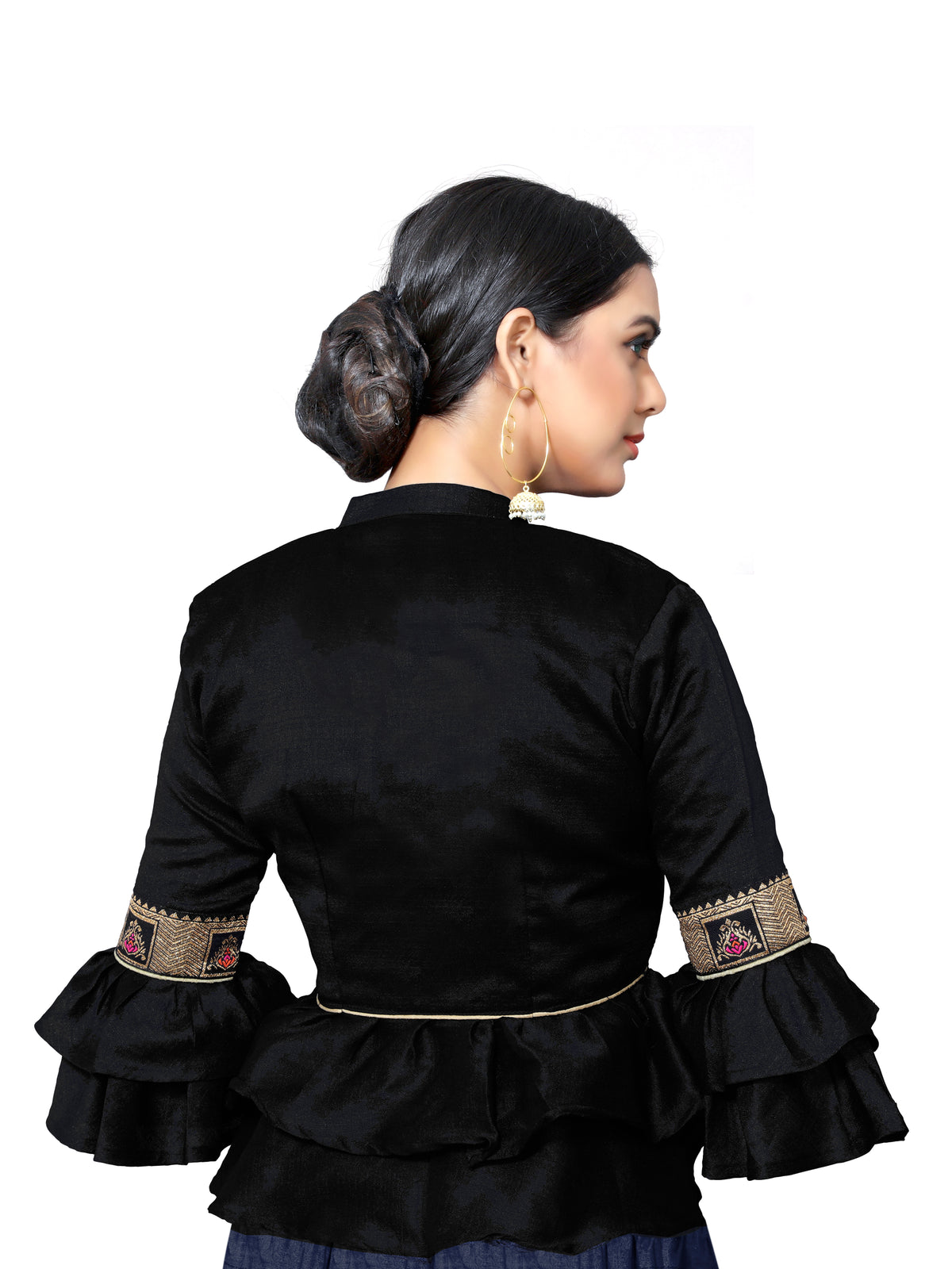 Additional product image of Jade Black Silk Lace Button V-Neck Blouse, featuring its garment shape and lace detail.