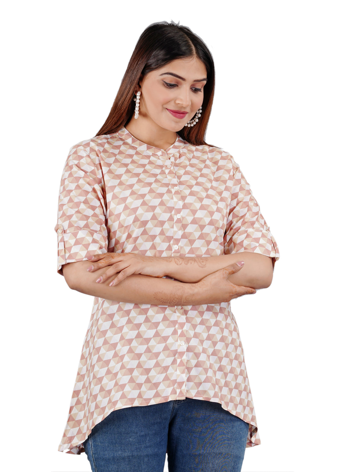 Close-up of Jove Women's Geometric Pattern Round Neckline Collar High Low Button-Down Pink Top, emphasizing its geometric pattern and design finish.
