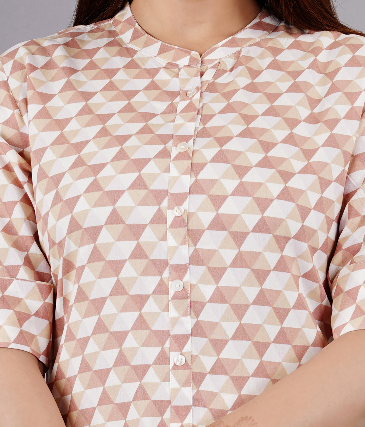 Detail image of Jove Women's Geometric Pattern Round Neckline Collar High Low Button-Down Pink Top, drawing attention to geometric pattern and surface details.