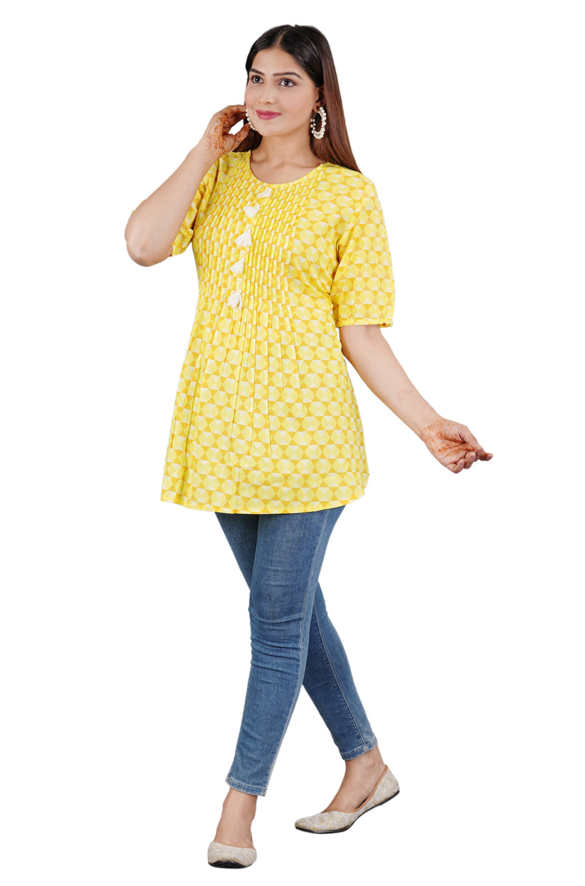 Right-side view of Jove Women's Pleated Yolk Geometric Pattern Yellow Top with Tassel Buttons, capturing the sleeve shape and side profile.