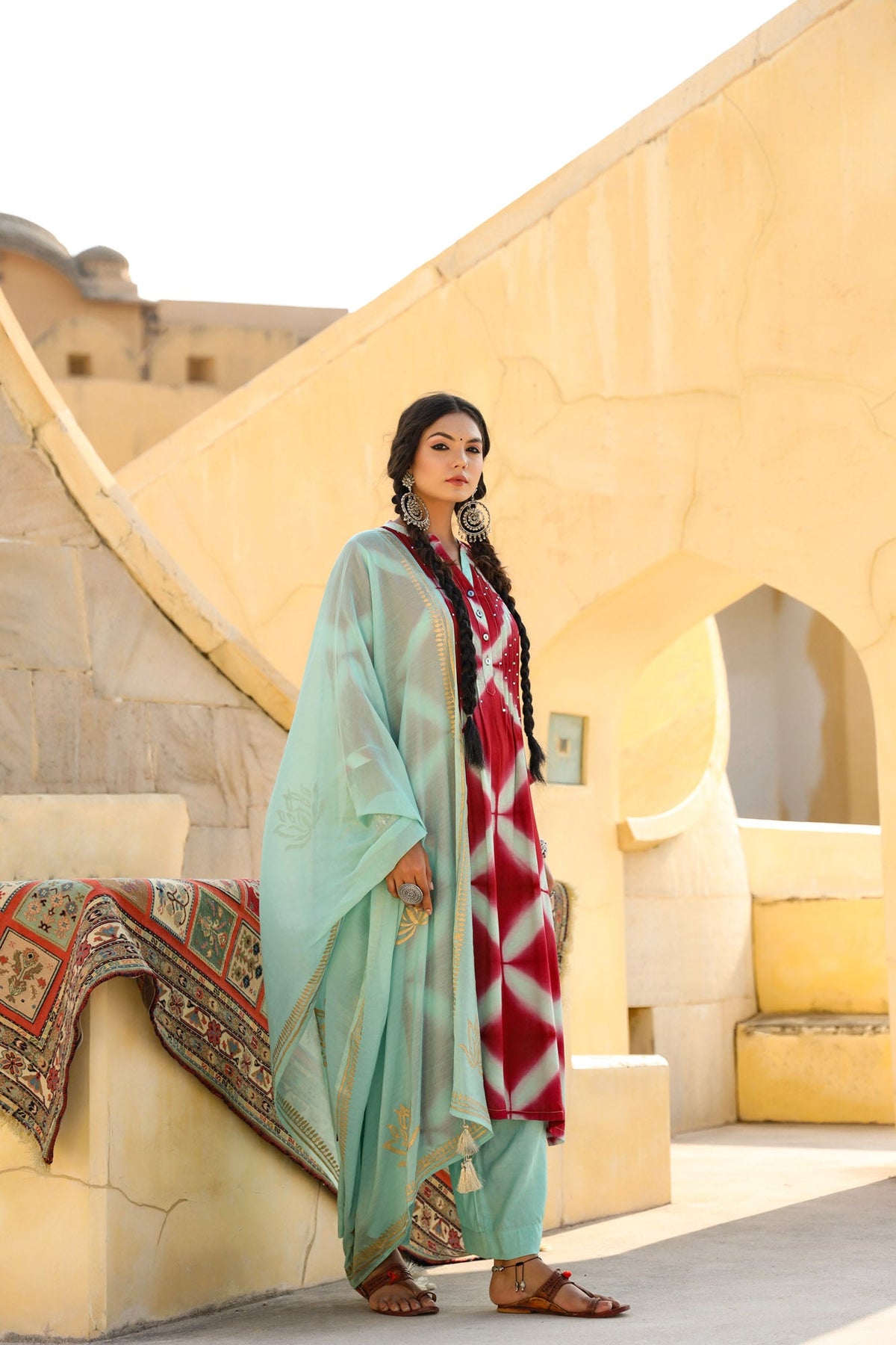 Mayori Maroon & Aqua Shibori Cotton 3-Piece Kurta Set from behind, showing the back of the kurta and its overall shape.