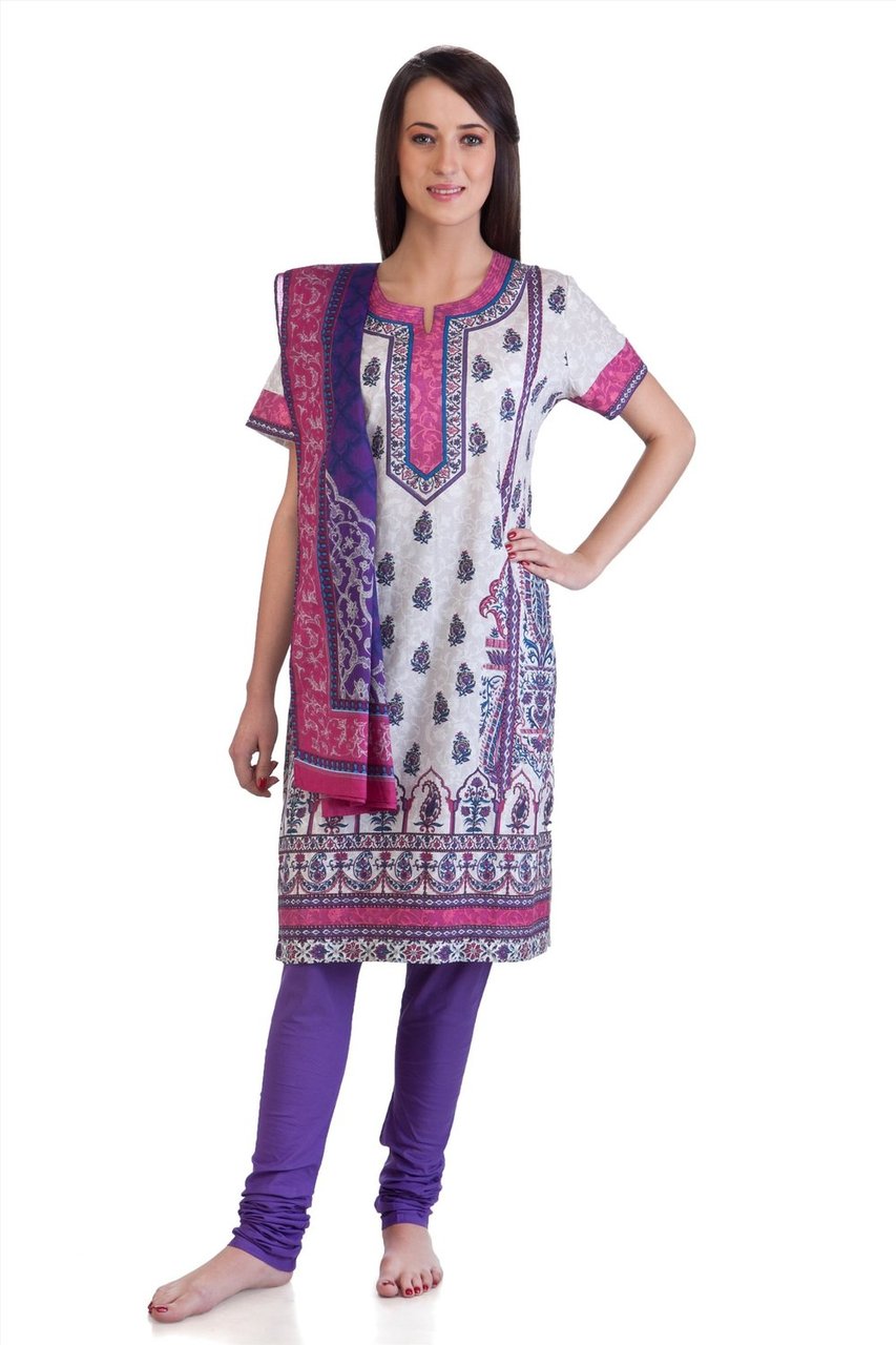 Front view of Meena Bindra Black & White Folk Print Cotton 3-Piece Set, showing black-and-white folk motifs with a bright color trim.