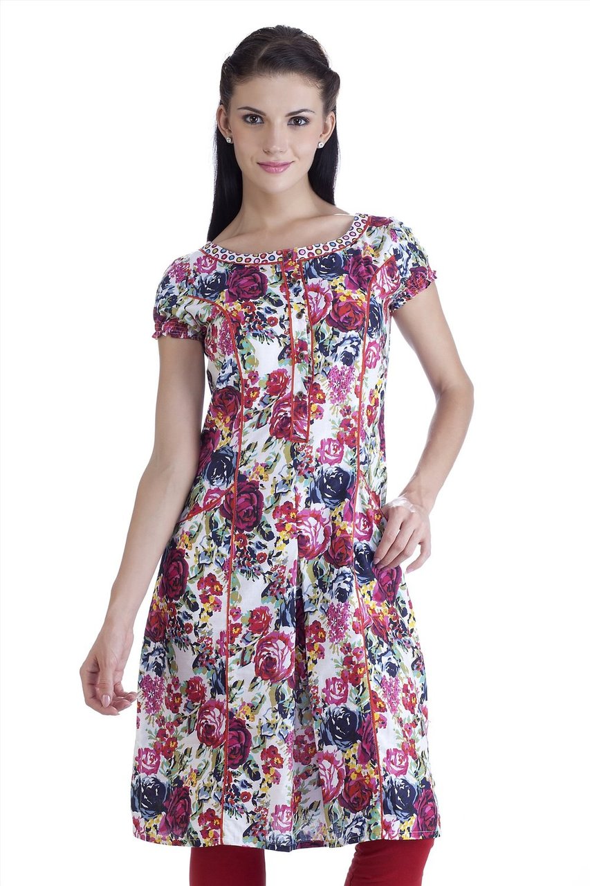 In-Sattva Meena Bindra Floral Cotton Tunic with Red Piping from the front, featuring floral cotton print with distinctive red piping.