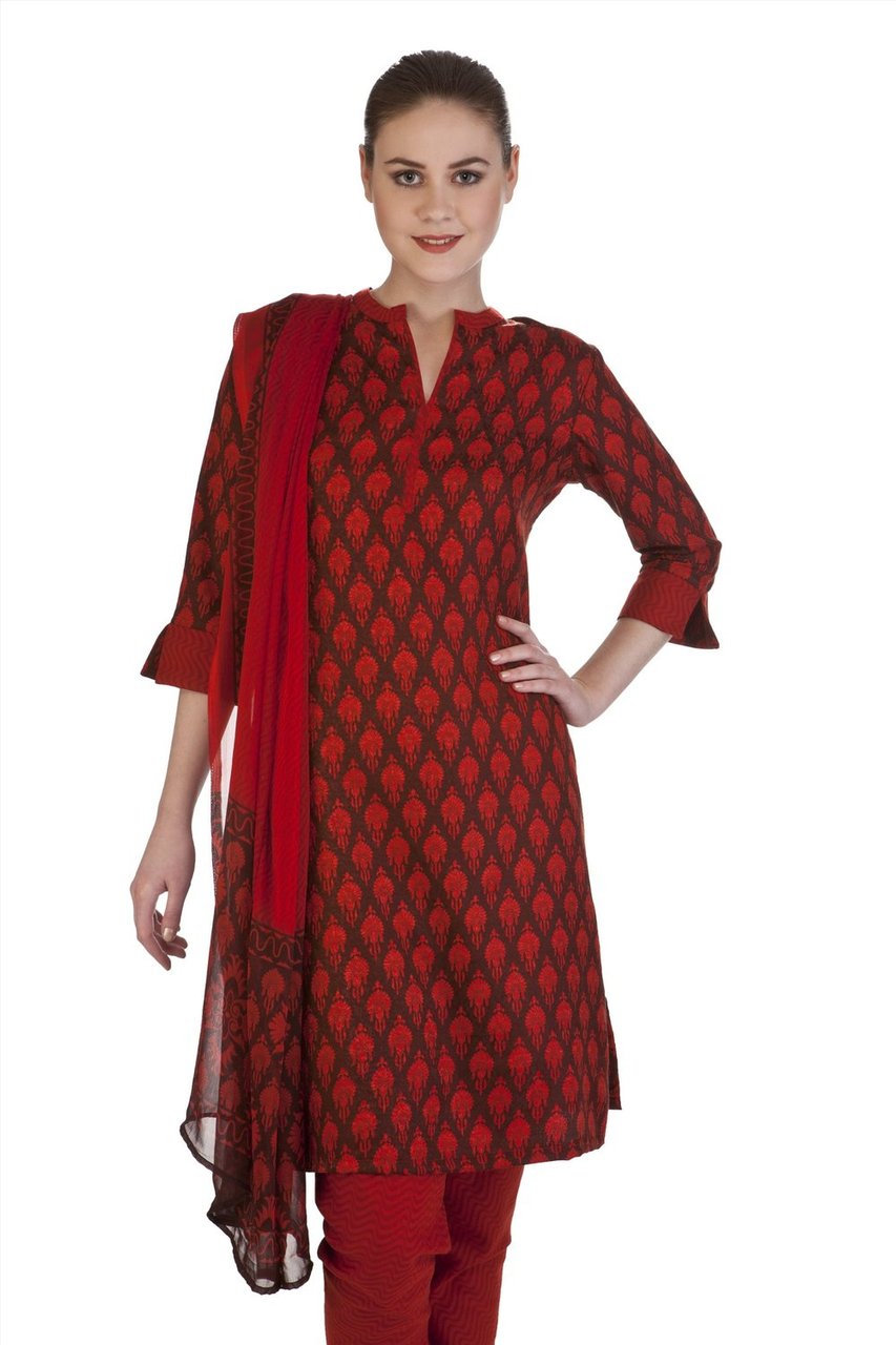 Meena Bindra Floral Paisley Printed 3-Piece Kurta Suit, pictured from the front with floral-paisley motifs on a long festive ethnic kurta.
