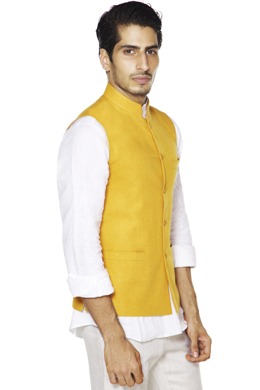 Left-side view of men's mustard Mandarin collar vest, highlighting vibrant festive wedding guest style.