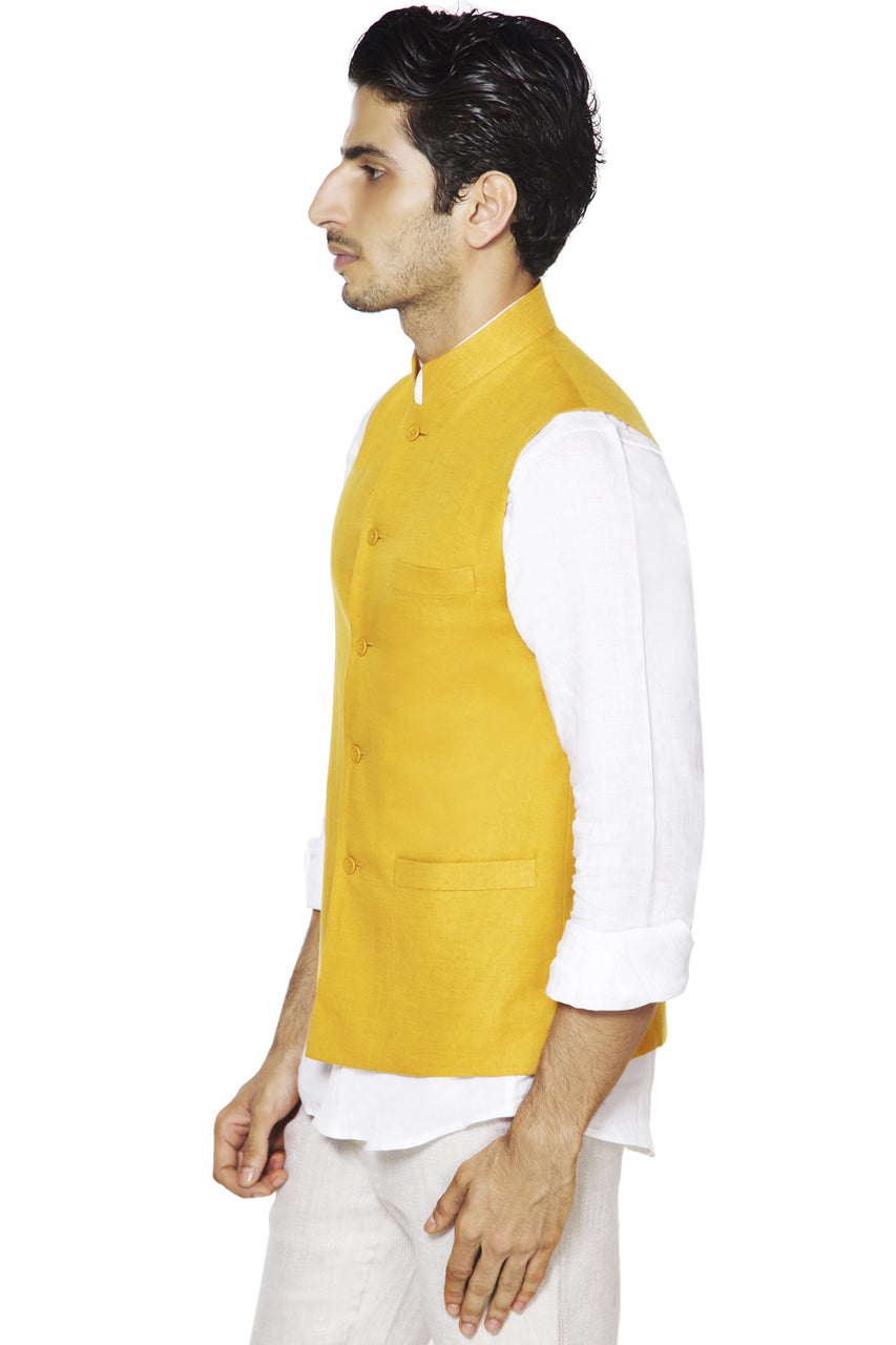 Right-side view of men's mustard Mandarin collar vest, highlighting vibrant festive wedding guest style.