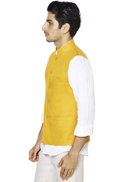 Right-side view of men's mustard Mandarin collar vest, highlighting vibrant festive wedding guest style.