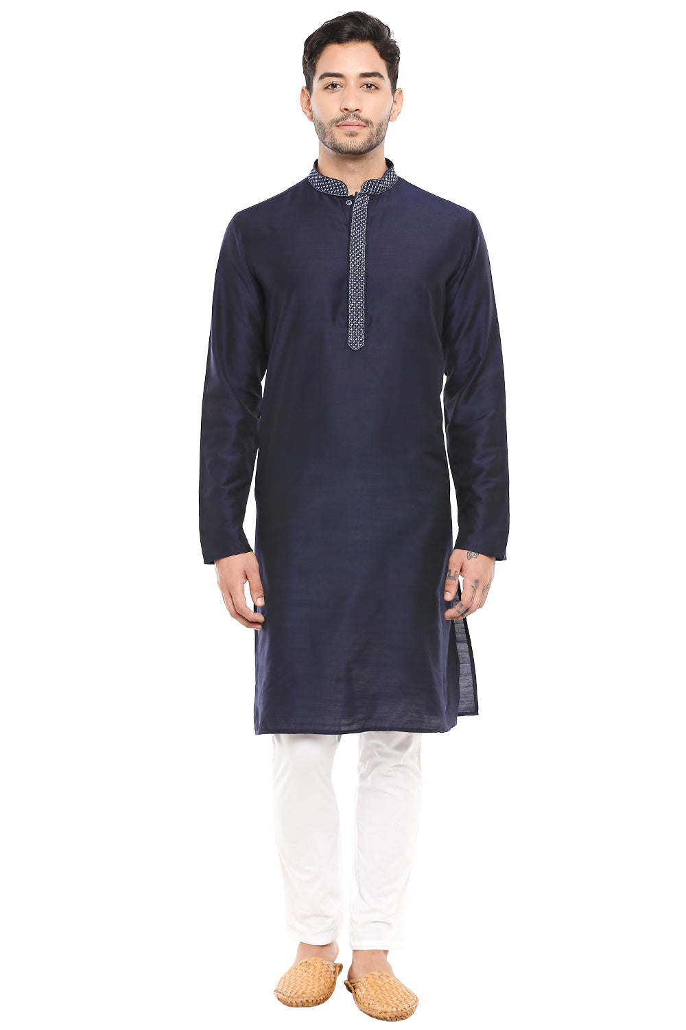 Men's navy blue cotton embroidered band collar knee-length kurta tunic, front view