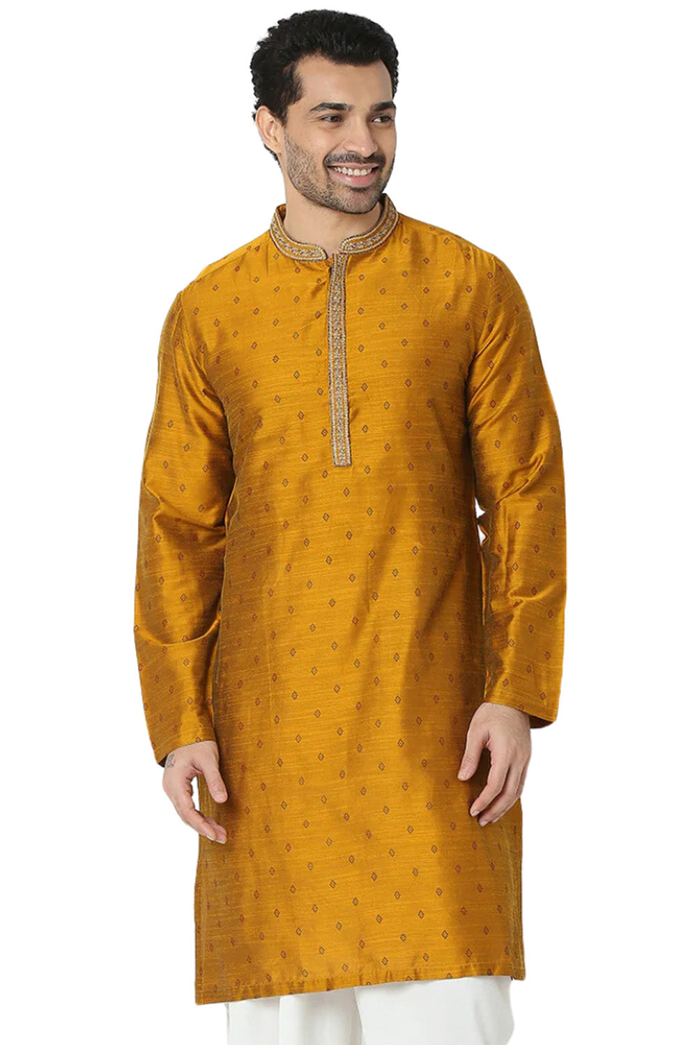 Men's ochre mustard cotton embroidered patterned knee-length kurta tunic