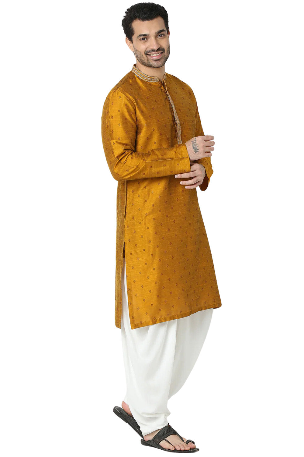 Men's ochre mustard cotton embroidered patterned knee-length kurta tunic, additional product image 2