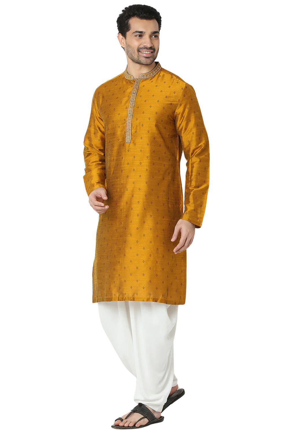 Men's ochre mustard cotton embroidered patterned knee-length kurta tunic, additional product image 3