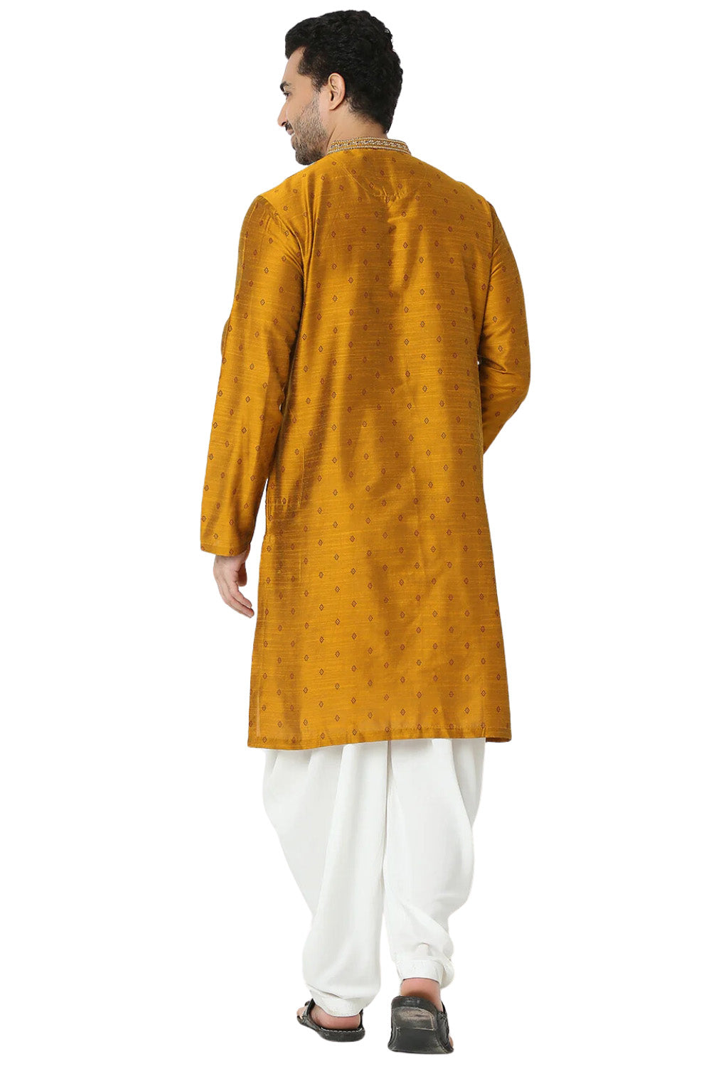 Men's ochre mustard cotton embroidered patterned knee-length kurta tunic, additional product image 4