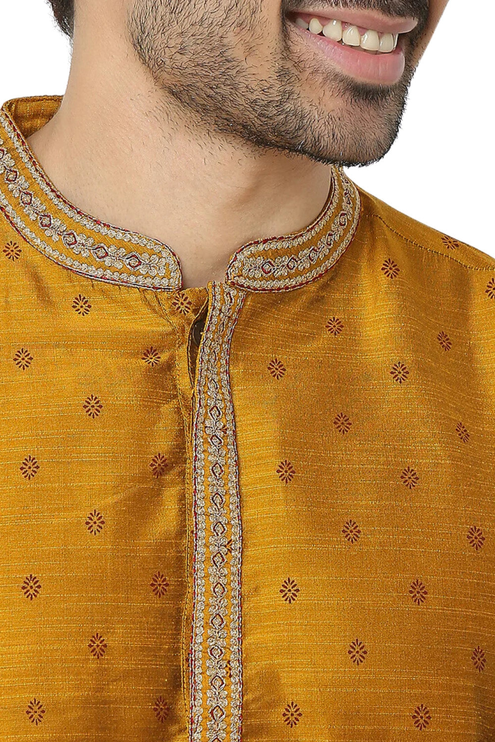 Men's ochre mustard cotton embroidered patterned knee-length kurta tunic, additional product image 5