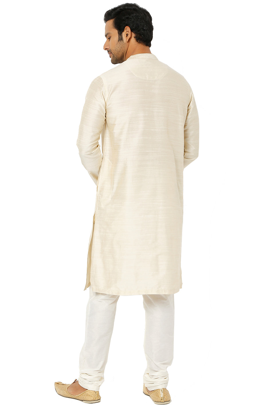 Men's pearl beige embroidered long kurta tunic, back view