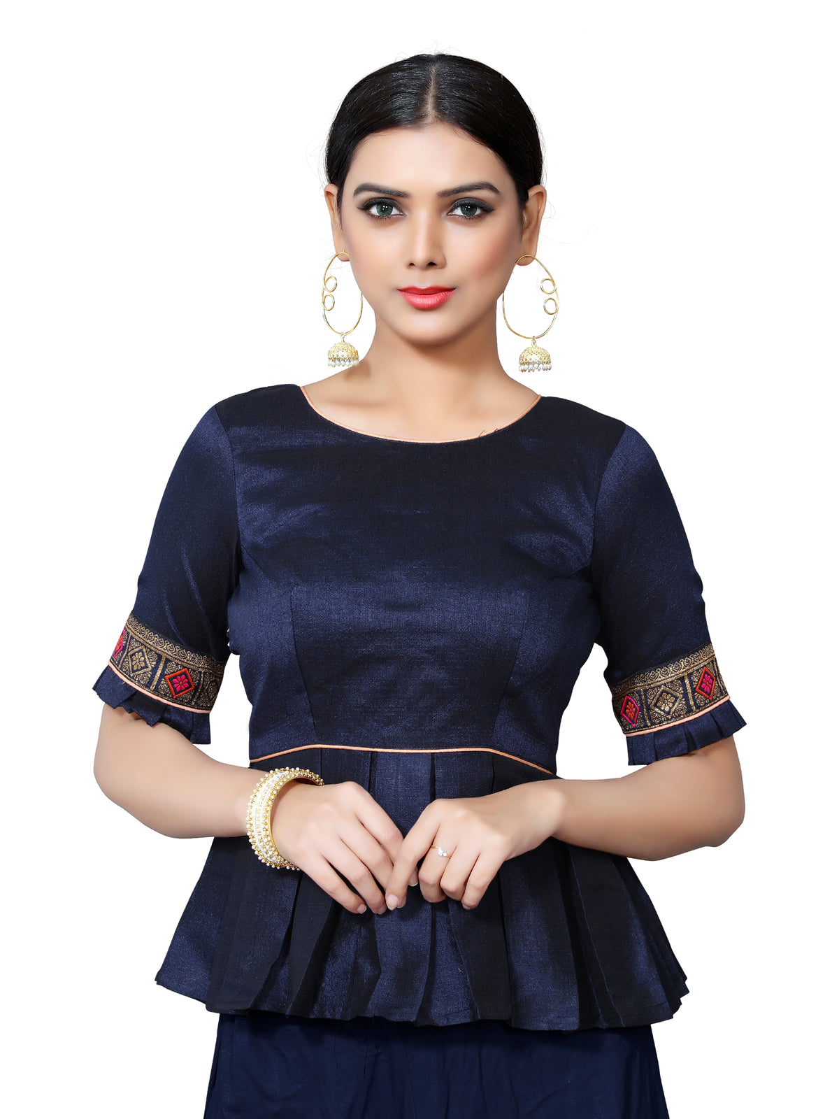 Primary product photograph of Navy Blue Silk Lace Button Half Sleeve Blouse, showcasing its design, color and lace detail.