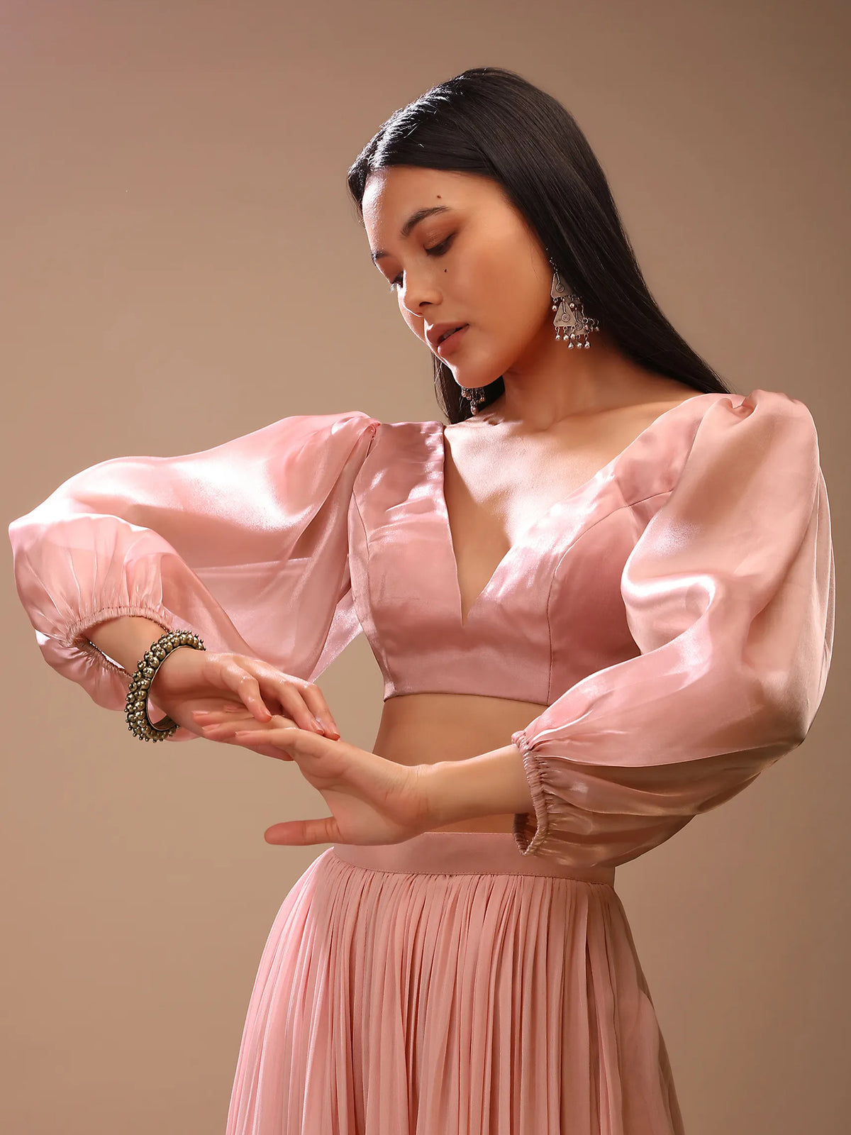 Primary product photograph of Rouge Pink Satin Balloon Full Sleeve V-Neck Blouse, showcasing its design, color and V neckline.