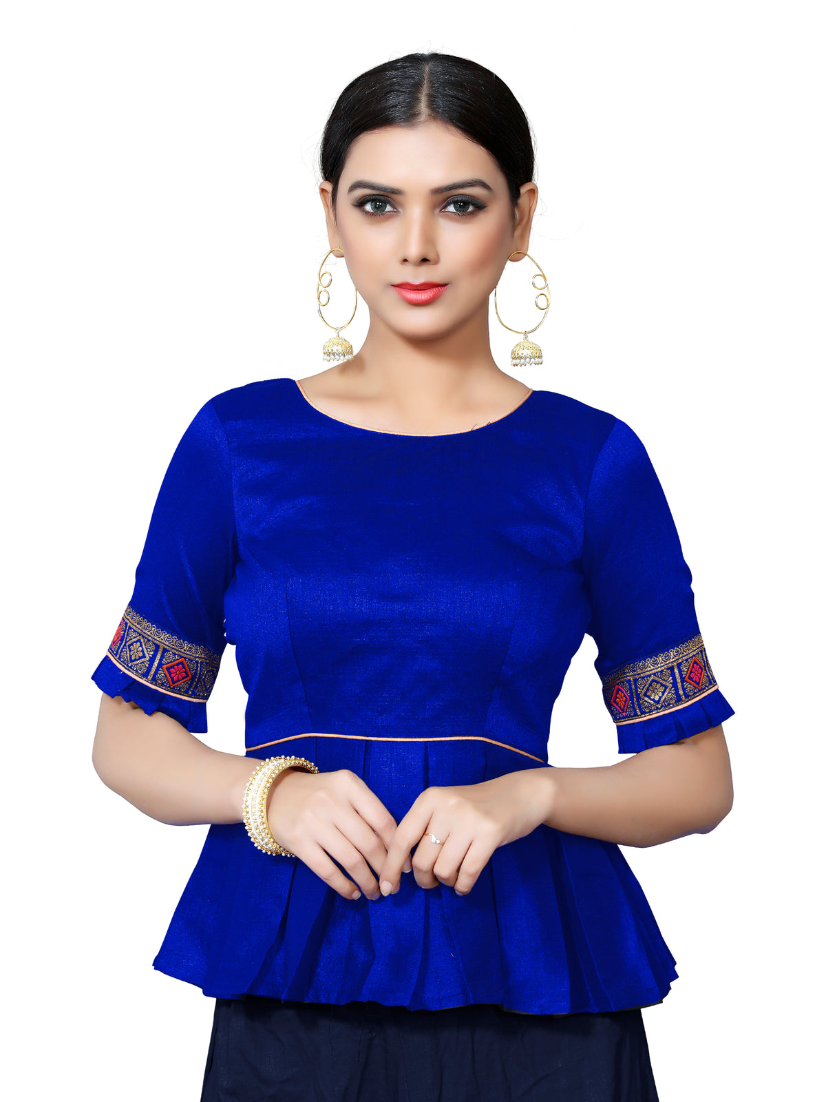 Primary product photograph of Vibrant Blue Silk Lace Button Half Sleeve Blouse, showcasing its design, color and lace detail.