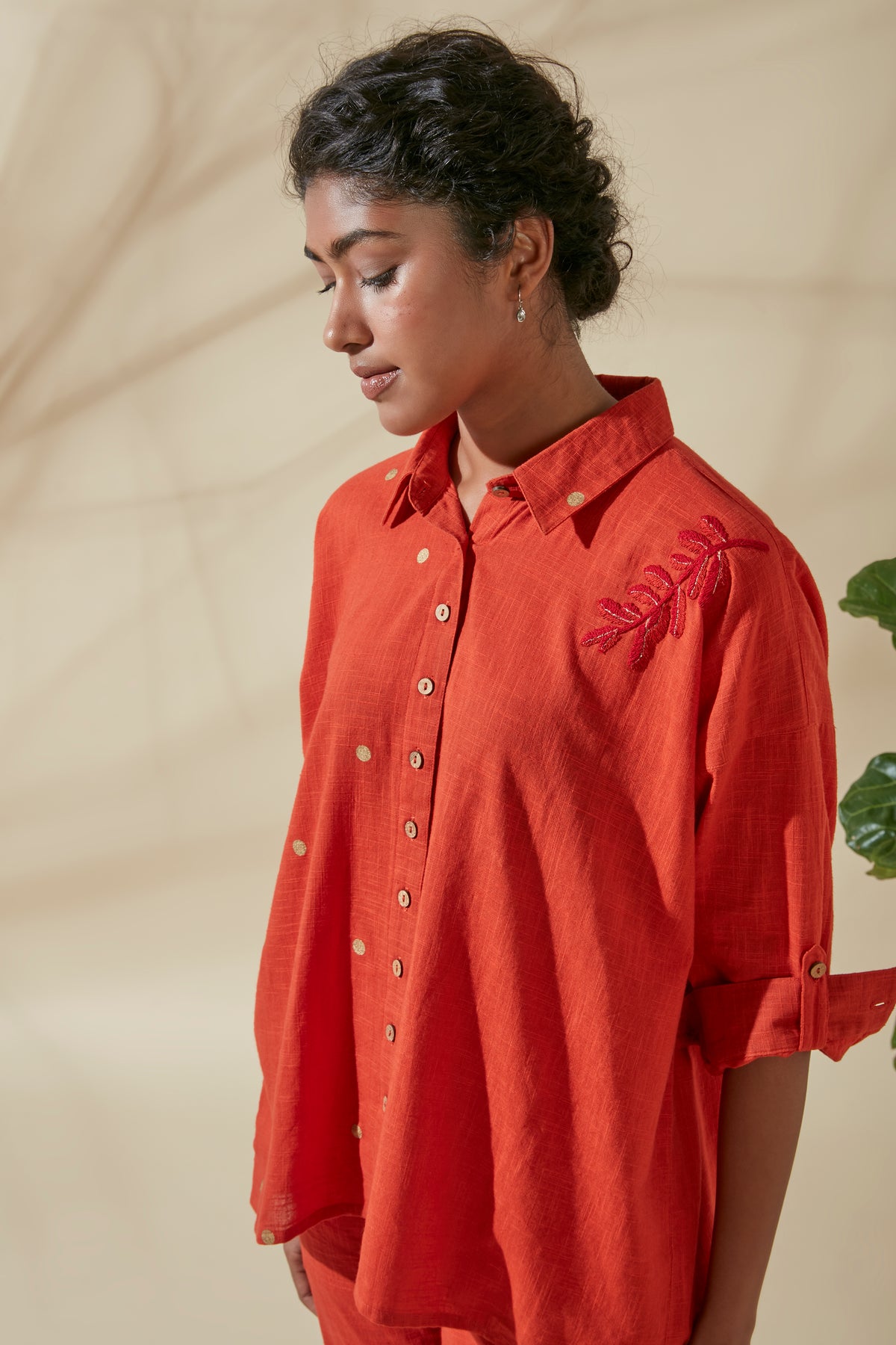 Back view of Women's Bohemian Classic 100% Cotton Crimson and Gold Dots Buttoned Shirt, showing the rear silhouette and finishing