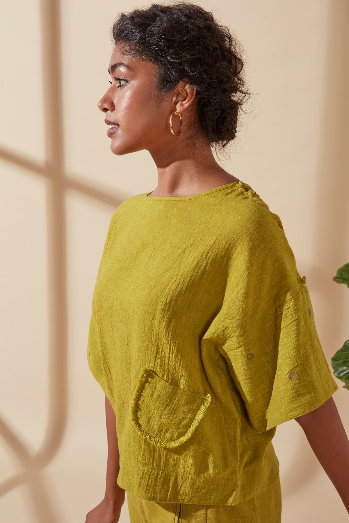 Back view of Women's Bohemian Classic 100% Cotton Mustard and Teal Box Top, showing the rear silhouette and finishing