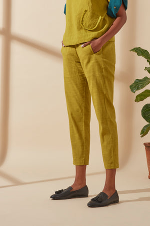Product overview of 100% Cotton Straight-Fit Mustard Pants, showing the garment style and overall silhouette.