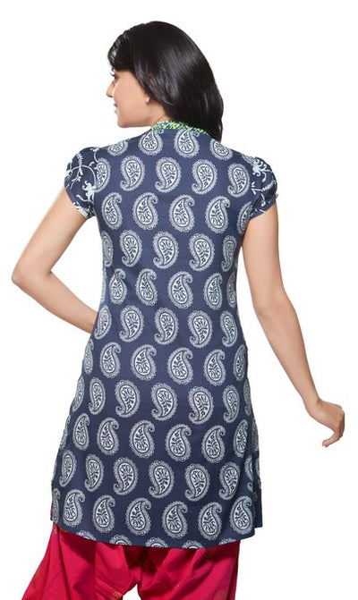 In-Sattva Women's Allover Printed Short Kurta with Contrast Neck Yoke Detail, back view
