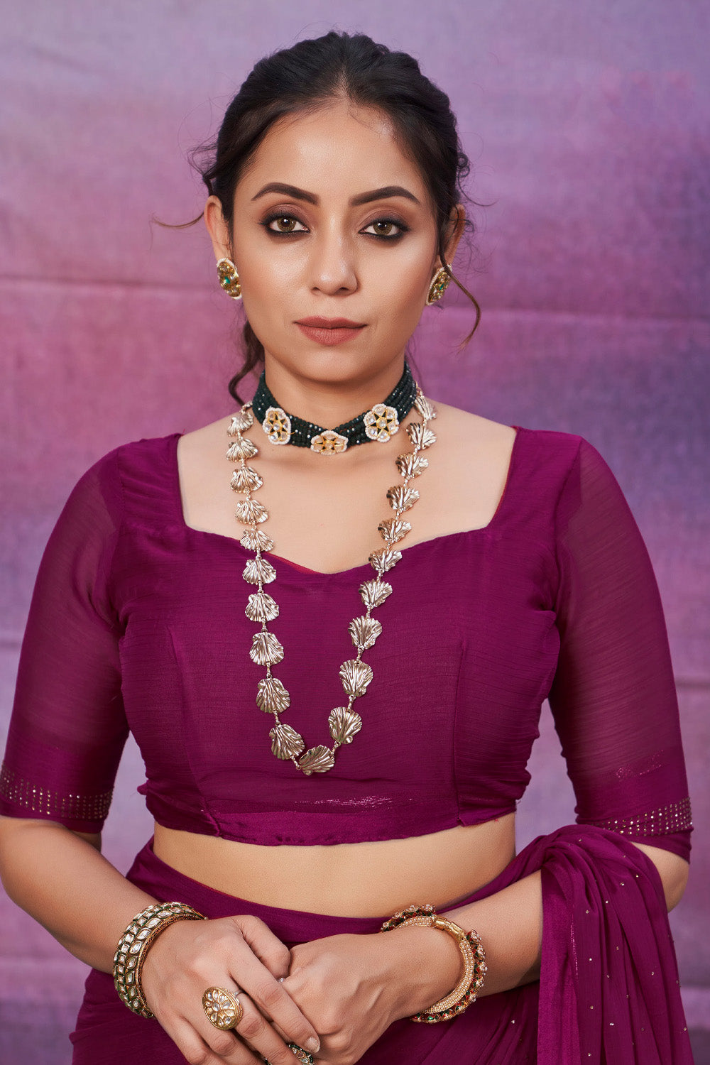 Amethyst Lavender Handloom Silk Chiffon Saree by In-Sattva, an elegant traditional drape with traditional textile styling