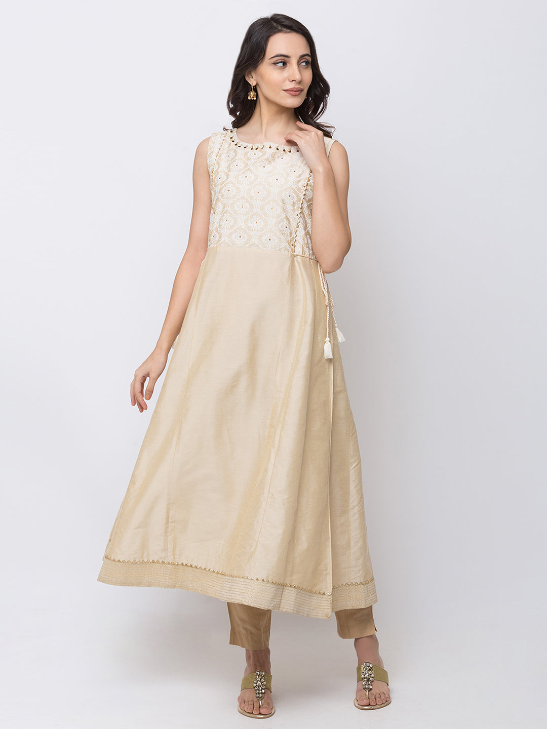 In-Sattva Women's Beige & White Silk Kurta with fit & flare shape & silk fabric, product photo 1