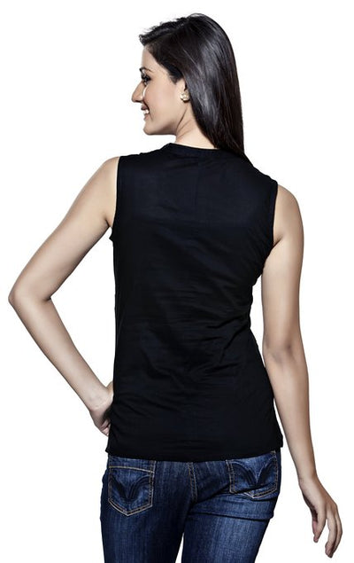 In-Sattva Women's Black Short Kurta - Pintuck with sleeveless style by Akkriti, back view