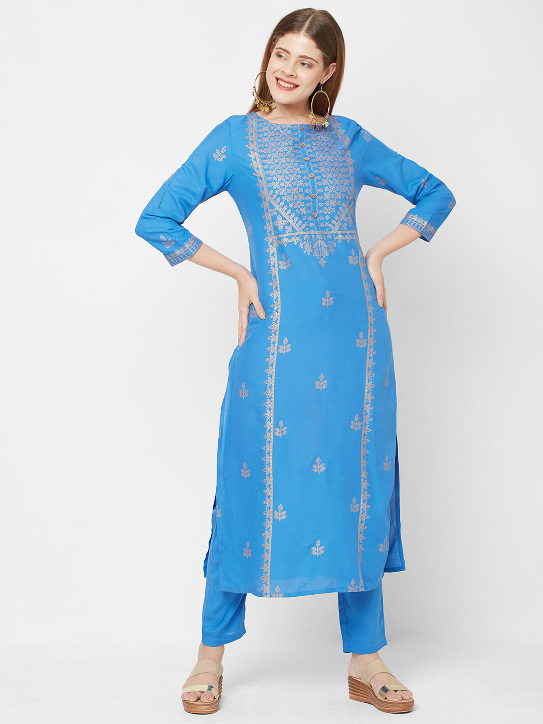 In-Sattva Women's Blue Rayon Kurta with printed design, front view