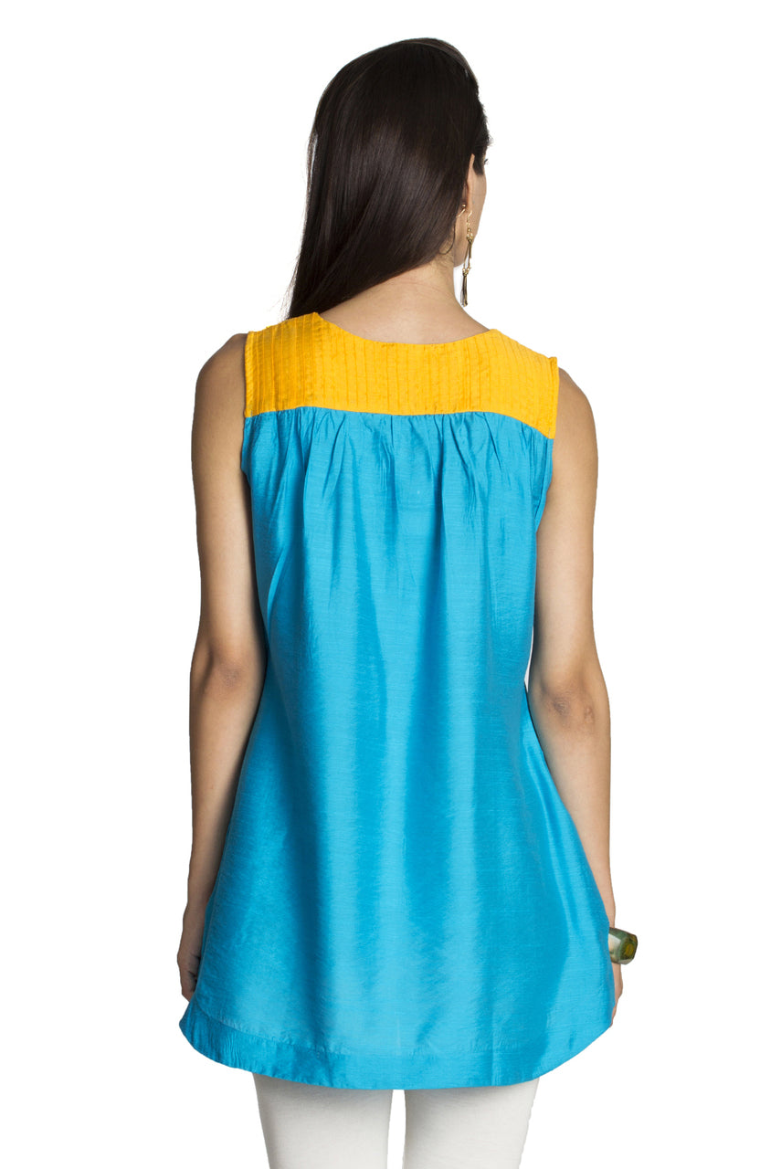 In-Sattva Women's Blue Sleeveless Tunic Shirt with Pintuck Yoke by MOHR, back view