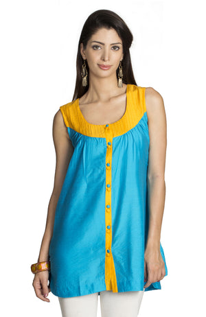 In-Sattva Women's Blue Sleeveless Tunic Shirt with Pintuck Yoke by MOHR, front view