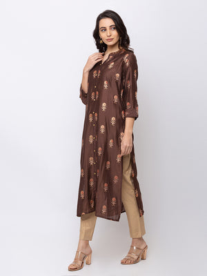 In-Sattva Women's Brown Embroidered Kurta Dress - Button-Up Front, product photograph 1