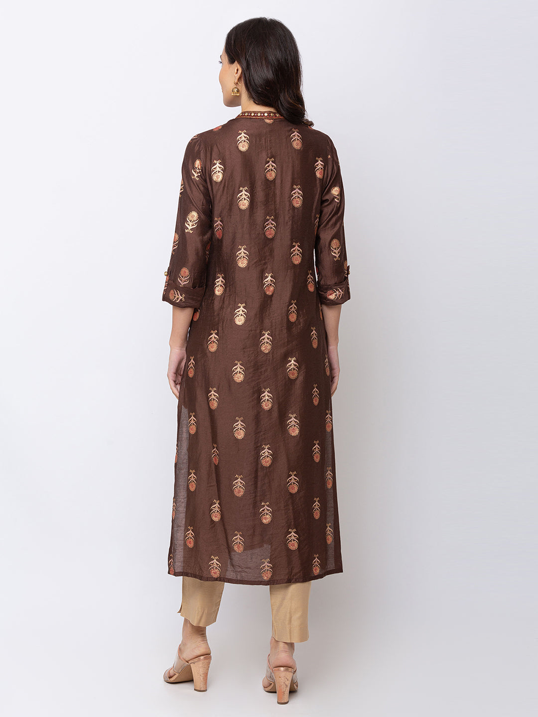 In-Sattva Women's Brown Embroidered Kurta Dress - Button-Up Front, product photograph 3