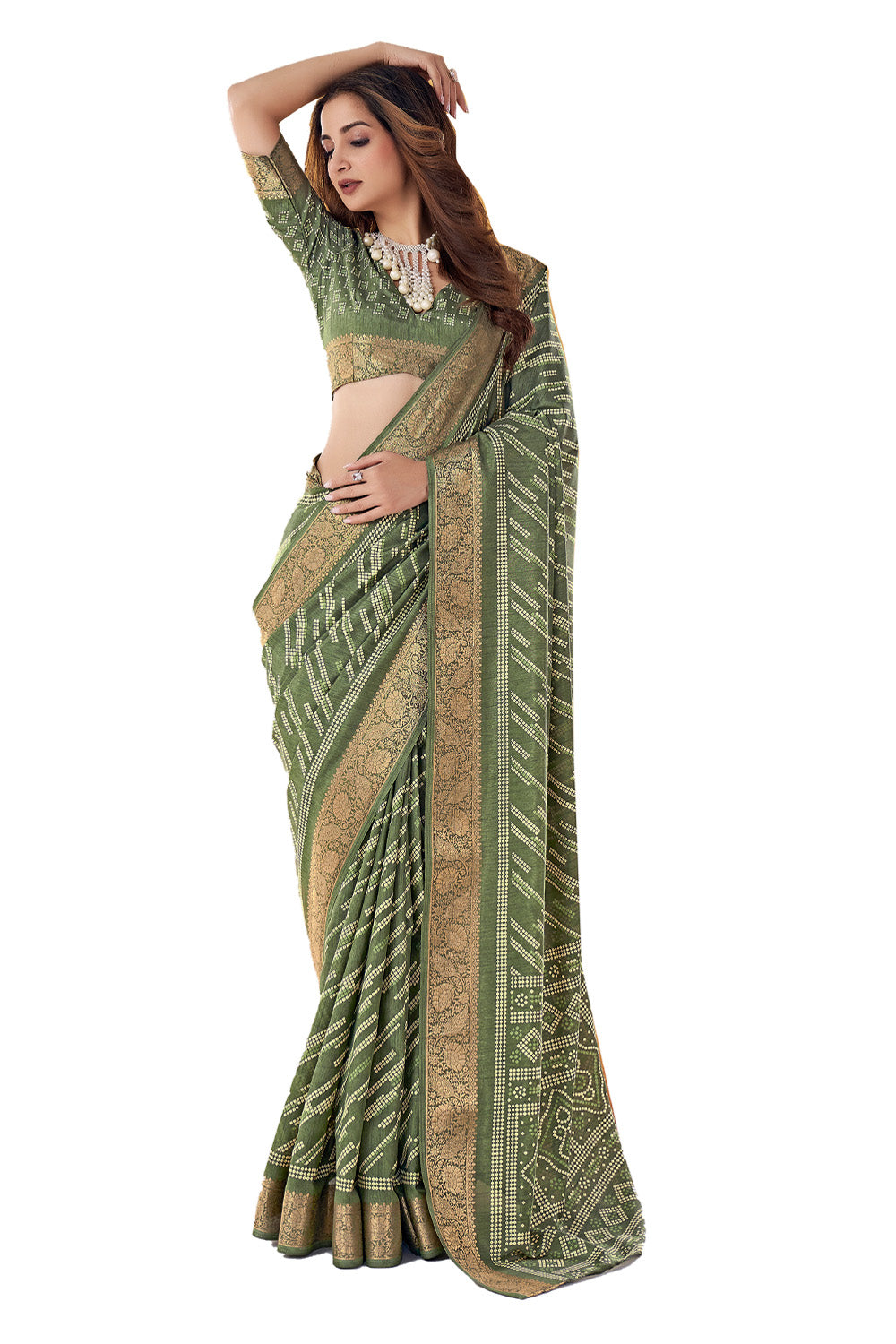 Additional product image of Clover Green Bandhni Dola Silk Saree by In-Sattva, featuring traditional Bandhani print