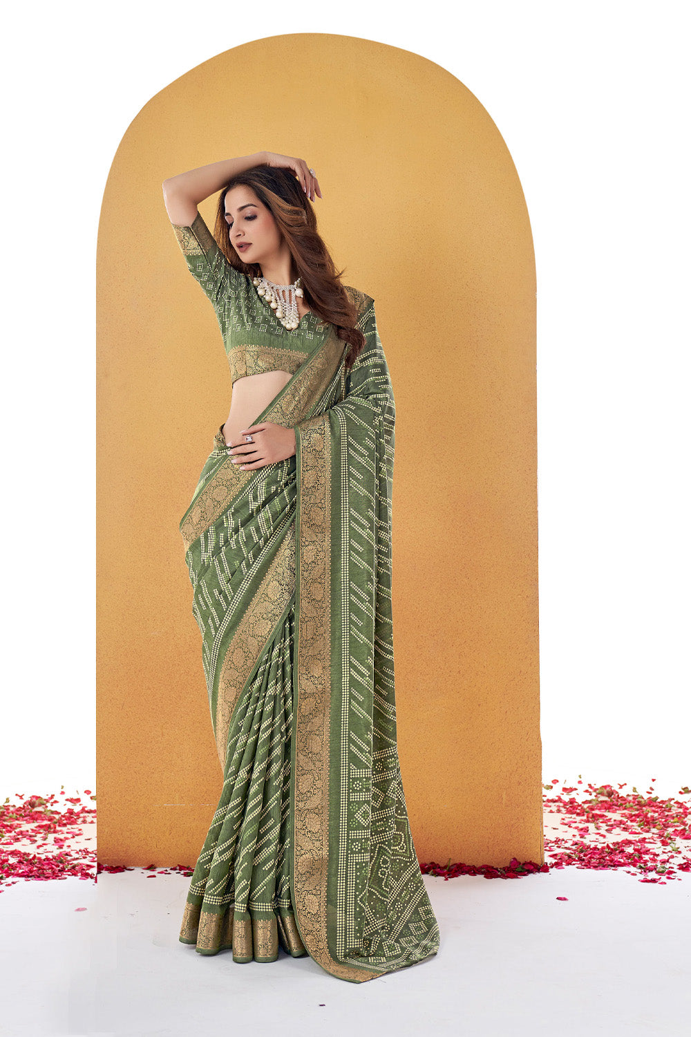 Alternate product photograph of Clover Green Bandhni Dola Silk Saree by In-Sattva, in dola silk