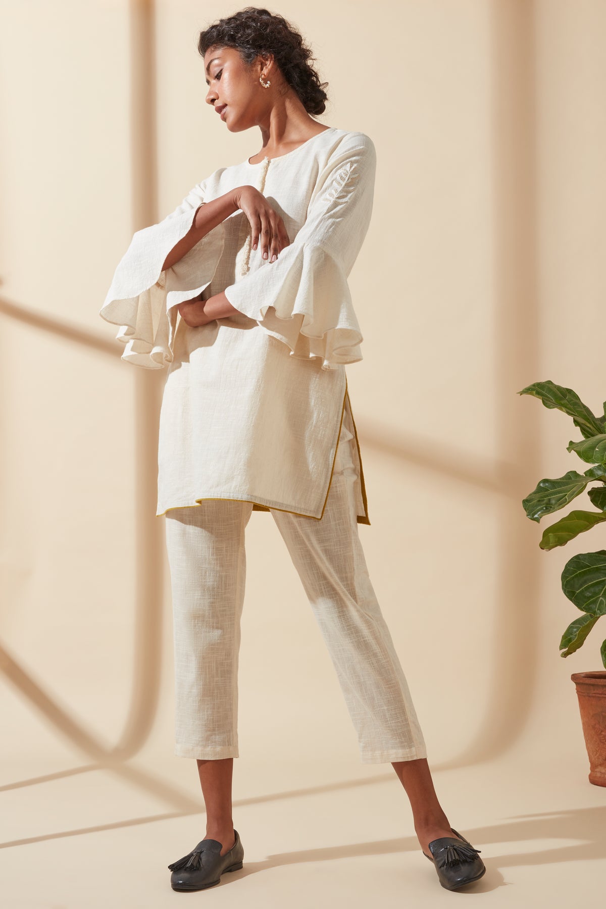In-Sattva Women's Cream Cotton Tunic with bell sleeves, product photo 4