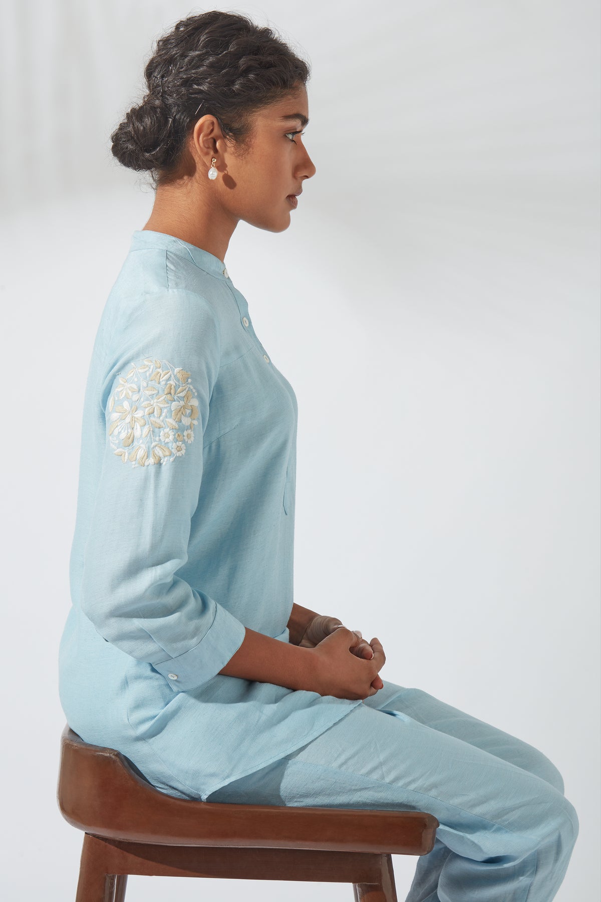 In-Sattva Women's Crystal Blue Silk-Linen Blend Tunic Top | Classic Indian Style, product photograph 3