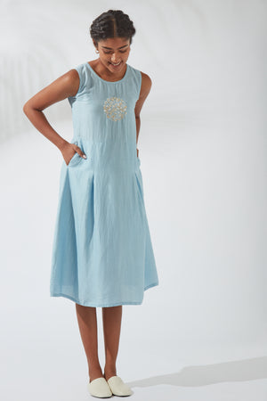 Front view of Jove Women's Crystal Blue Silk-Linen Kurta Dress, highlighting the sleeveless silhouette, decorative Dori embroidery and elegant shift-style design.