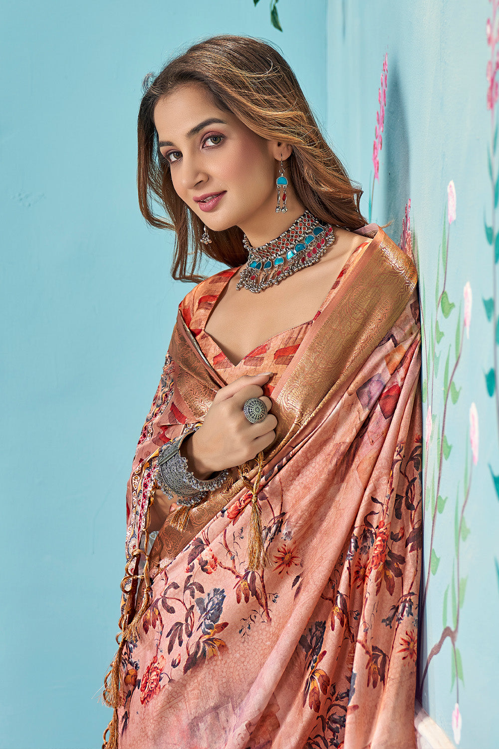 In-Sattva Dahlia Pink Handloom Bandhni Dola Silk Saree featuring floral and Bandhni-inspired styling